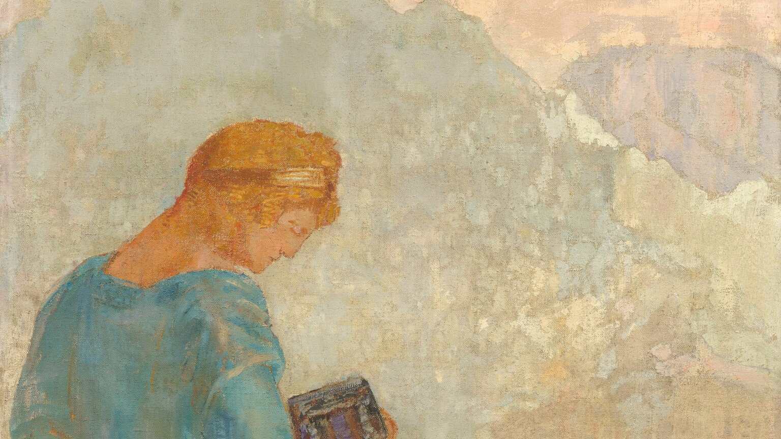 A pale-skinned young woman with copper-orange hair, wearing a turquoise-blue robe, stands in a pastel-infused landscape in this stylized, vertical painting. The woman fills most of the left half of the composition. She faces our right in profile with her head bowed as she looks down at the silver and brown box she holds in her right hand, closer to us. Her body angles away from us so we see her back. Her hair is held back under a gold-colored headand, and her blue robe falls over a white skirt. Beyond her, rocky mountains in ice blue and pale lilac purple span the horizon, which comes about three-quarters of the way up the painting, beneath a pale, rose-pink sky. An area of mottled parchment-white to our right of the person could be a field. Along the bottom edge of the canvas, rounded and organic shapes in scarlet red, turquoise, lapis blue, golden and lemon yellow, and pumpkin orange could be abstracted earth or flowers at the woman’s feet.