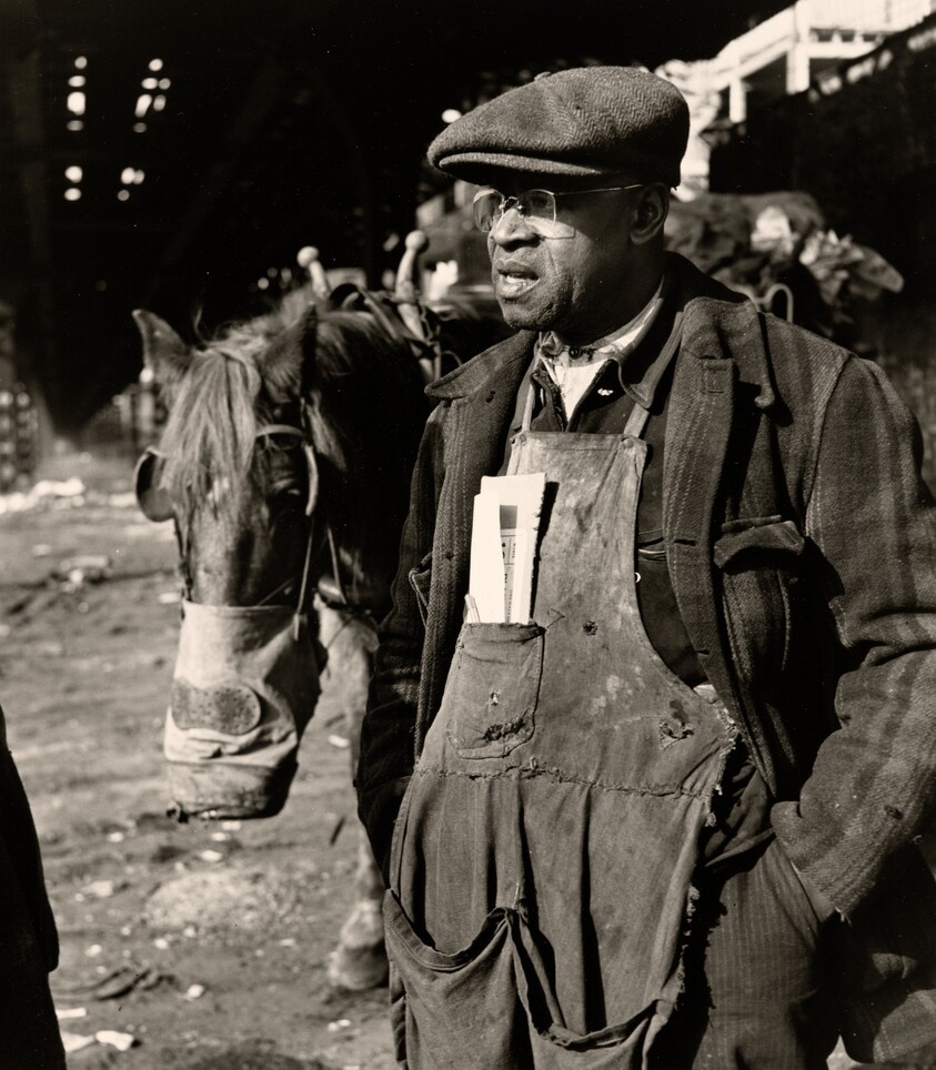 Delivery Man and Horse with Nose Bag Rest under Elevated Train Tracks, Chicago, Illinois