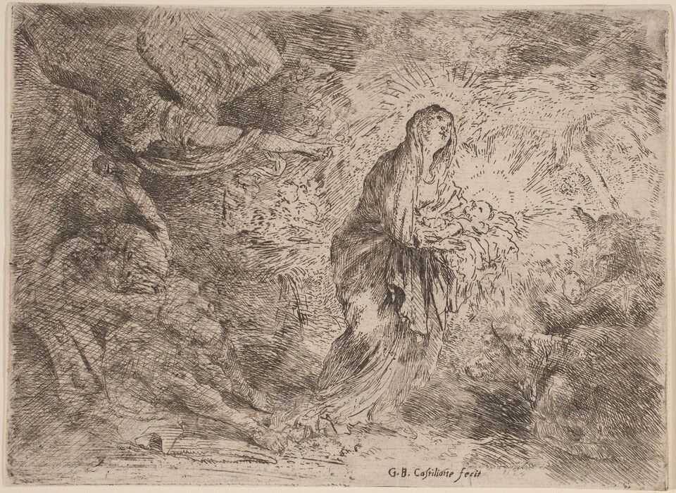 The image displays an etching featuring a woman standing or kneeling on the right side, with her body slightly turned, head lowered, and hands holding a swaddled infant. Her head is covered with a draped cloth, and she is wearing flowing robes. On the left side, there are figures, one of which seems to have wings. The scene is set in a rustic setting with animals in the foreground, including a donkey. The background is sketched with lines and hatching for texture and depth.