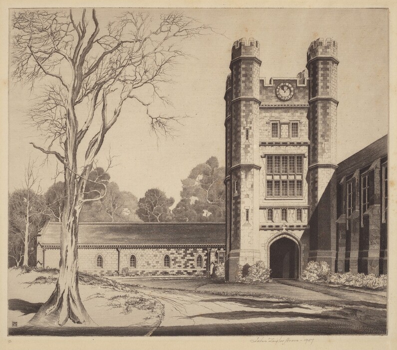 The image shows an architectural scene with a grand building featuring a tower with a clock, flanked by cylindrical battlement-topped structures. A leafless tree is nearby on the left, and there are more buildings to the right with detailed stonework. The artwork is characterized by precise brushstrokes or pencil marks in a monochromatic color palette of gray and sepia. The sky is clear, emphasizing the shapes and textures of the elements in the scene.