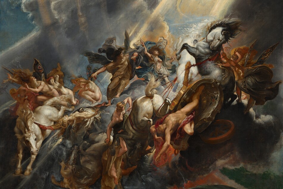 From high above the earth, we look onto a dramatically lit scene with a man falling from a horse-drawn chariot in midair, surrounded by eleven women against a bank of clouds in this horizontal painting. All of the people have pale skin and are illuminated by a bright burst of sunlight streaming across the scene from the upper right corner. The man is covered only by a burgundy-red sash that wraps across his groin and around one shoulder. He careens headfirst from the U-shaped, golden chariot with his chest facing us, arms flung overhead and legs splayed, to our right of center. The tumble of bodies around him includes four horses, three ivory white and one gray, and the eleven women, who are either nude or dressed in robes of parchment white, tan, slate blue, butterscotch yellow, steel gray, or rose pink. The women all have blond or brown hair, and some have wings like butterflies, patterned with circles and stripes. They fall alongside the man or float above the wreckage, their robes and hair billowing. Some of the women hold the red reins of the horses, though some of the reins stop abruptly or are painted over so they appear as dark lines beneath the surface. The nickel-gray clouds surround and support some of the women in front of a hazy circular arch curving up the left side of the composition. Peeks of sky around the action are deep aqua blue, and vibrant orange flames lick up from the earth in the lower right.