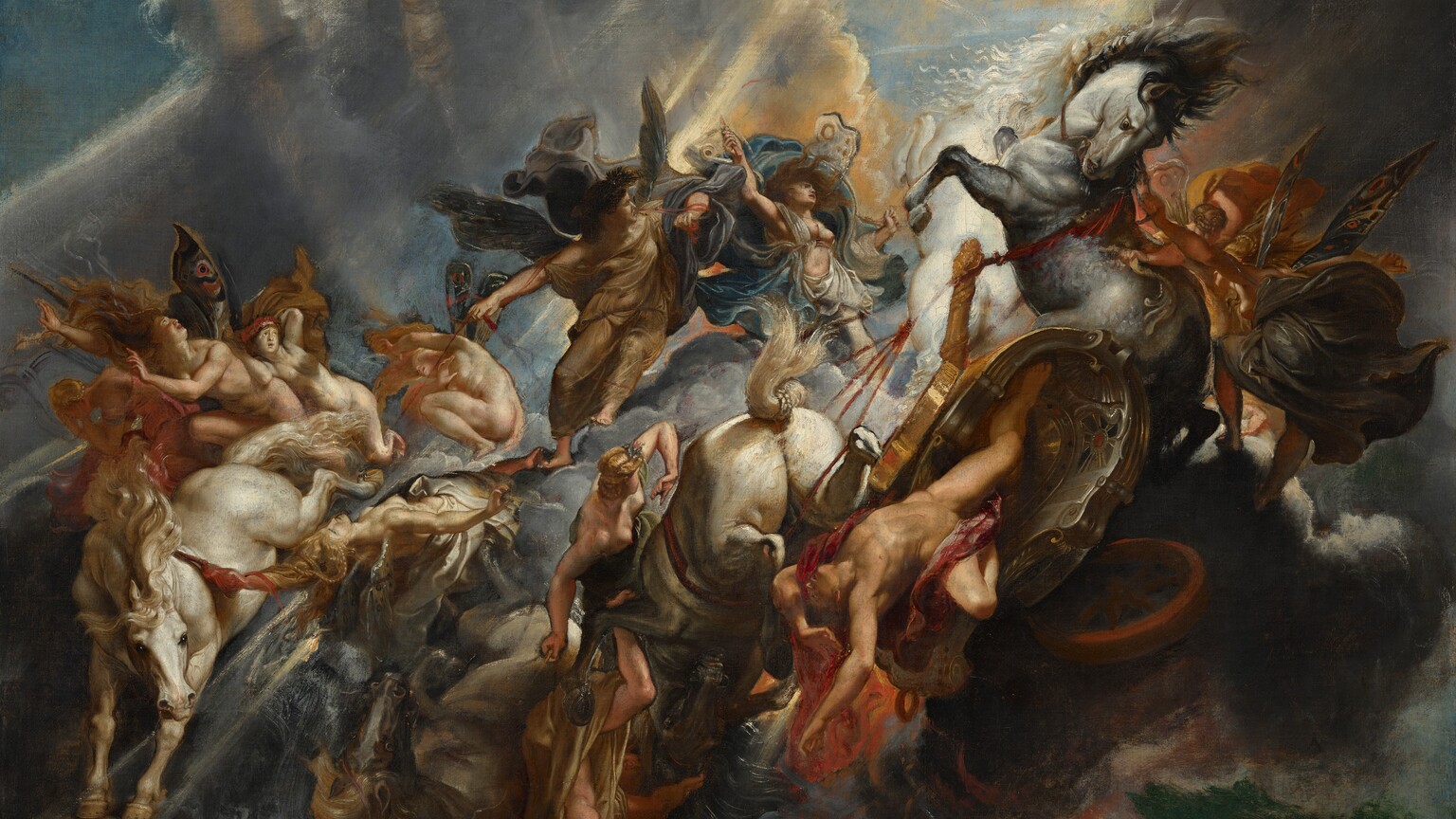 From high above the earth, we look onto a dramatically lit scene with a man falling from a horse-drawn chariot in midair, surrounded by eleven women against a bank of clouds in this horizontal painting. All of the people have pale skin and are illuminated by a bright burst of sunlight streaming across the scene from the upper right corner. The man is covered only by a burgundy-red sash that wraps across his groin and around one shoulder. He careens headfirst from the U-shaped, golden chariot with his chest facing us, arms flung overhead and legs splayed, to our right of center. The tumble of bodies around him includes four horses, three ivory white and one gray, and the eleven women, who are either nude or dressed in robes of parchment white, tan, slate blue, butterscotch yellow, steel gray, or rose pink. The women all have blond or brown hair, and some have wings like butterflies, patterned with circles and stripes. They fall alongside the man or float above the wreckage, their robes and hair billowing. Some of the women hold the red reins of the horses, though some of the reins stop abruptly or are painted over so they appear as dark lines beneath the surface. The nickel-gray clouds surround and support some of the women in front of a hazy circular arch curving up the left side of the composition. Peeks of sky around the action are deep aqua blue, and vibrant orange flames lick up from the earth in the lower right.