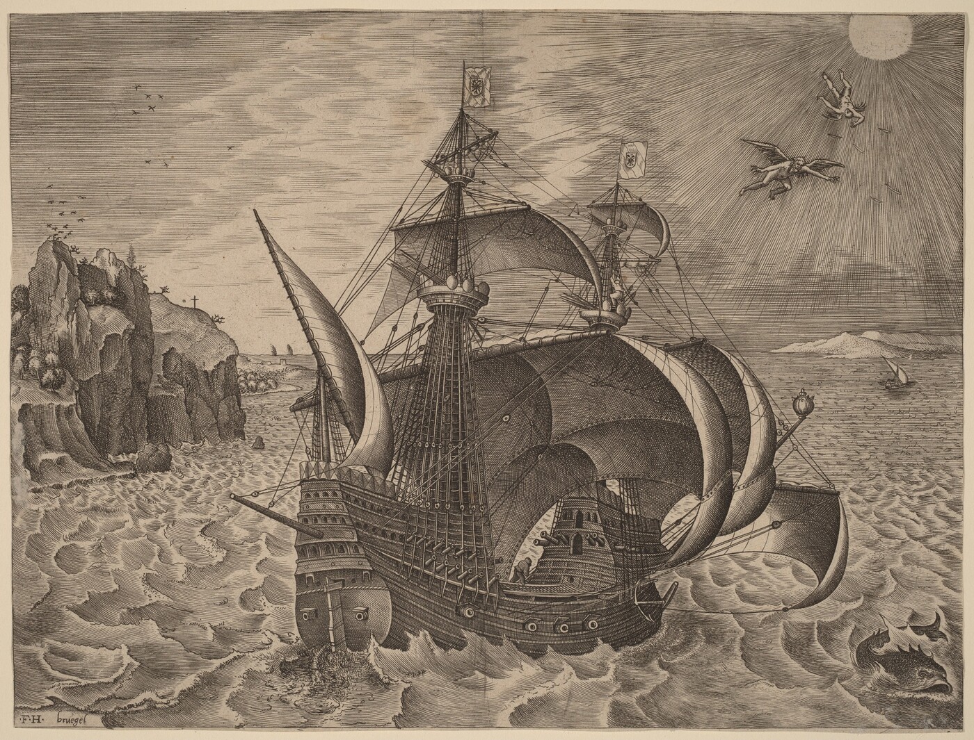 The image shows a large sailing ship at sea, with the horizon placed low in the background. A smaller sailboat is visible on the right side of the horizon. The intricate engraving technique uses fine lines to depict the ship, sea, and sky in monochromatic shades of brown or sepia. The sea appears rough, with a sea creature on the right side, while the sky features a sun, mythological figures, and birds near a rocky shoreline.