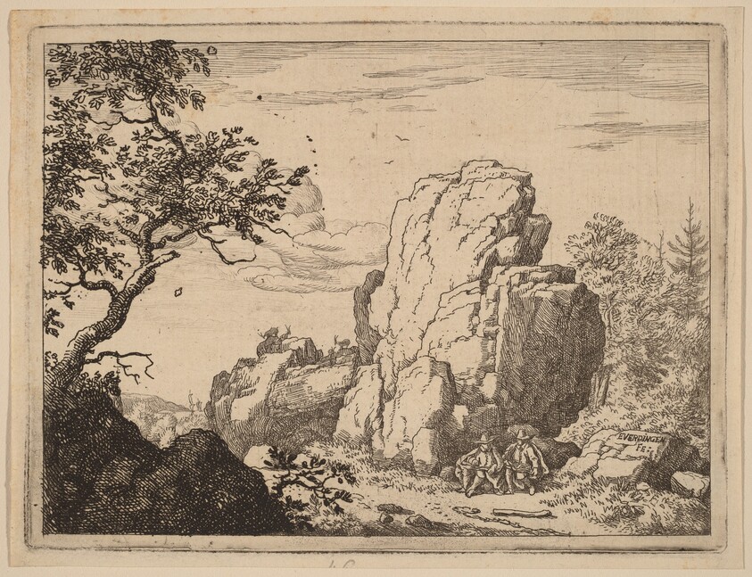 Two Men Seated at the Foot of a High Rock