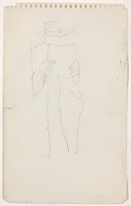 The image is a pencil sketch of a person standing and reading a piece of paper. The individual is wearing a coat and a wide-brimmed hat. The sketch is minimalist, with no additional details on clothing or background.
