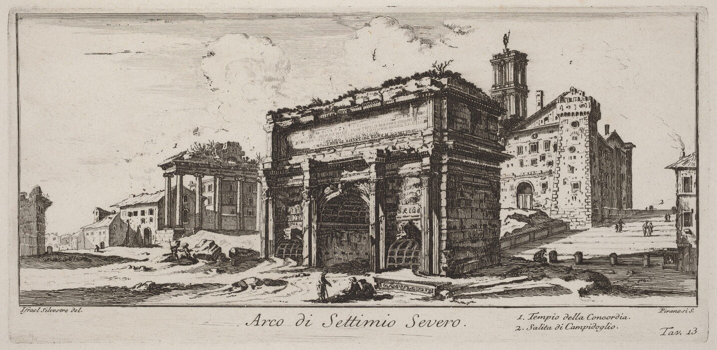The image is an etching of a classic architectural scene with an elevated perspective, offering a broad view of the structures. The horizon is visible along the distant architectural lines and beyond the archway. The etching features precise linework detailing the textures and forms of ancient stone structures. The color palette is monochromatic, using black and white for depth and detail. The grand arch of Settimio Severo is prominent in the foreground, with intricate carvings and deteriorating stones. Various ancient buildings with Roman architectural features like columns and arched windows are visible in the distance. The sky has a few clouds, creating a sense of openness, and people are scattered throughout the scene for scale.