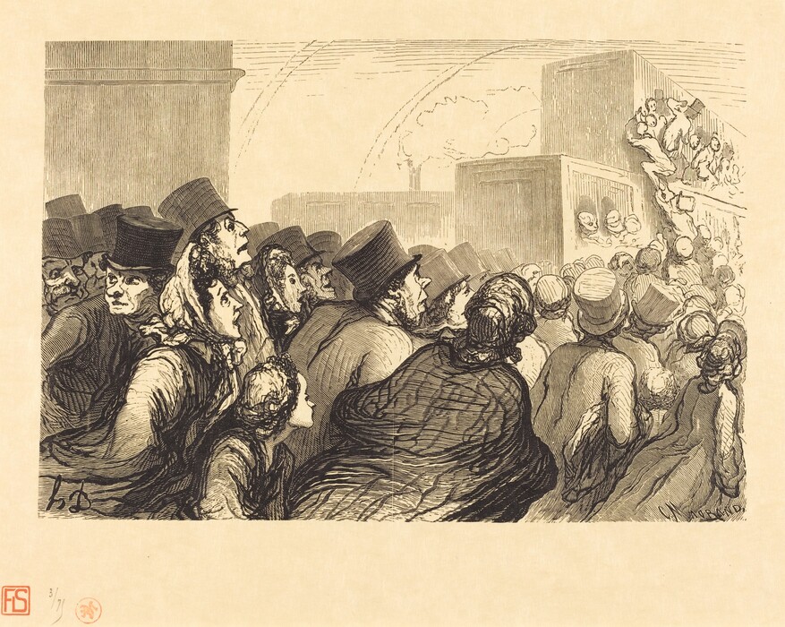 This is a drawing featuring a crowd of people gazing up towards an elevated platform where a scene unfolds. The foreground shows tightly packed individuals, dressed in period attire with many men wearing top hats, staring upwards. The crowd spans the foreground. In the background, high structures can be seen, along with additional figures peering out of windows or climbing to get a better view. Lines suggest movement towards the upper right where figures appear engaged in activity. The drawing utilizes a detailed line-based technique to emphasize figures and expressions.
