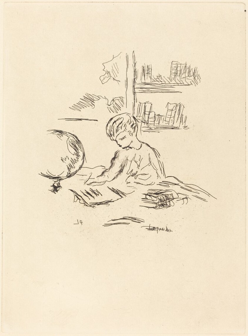 Figure Seated at a Desk with Globe and Books