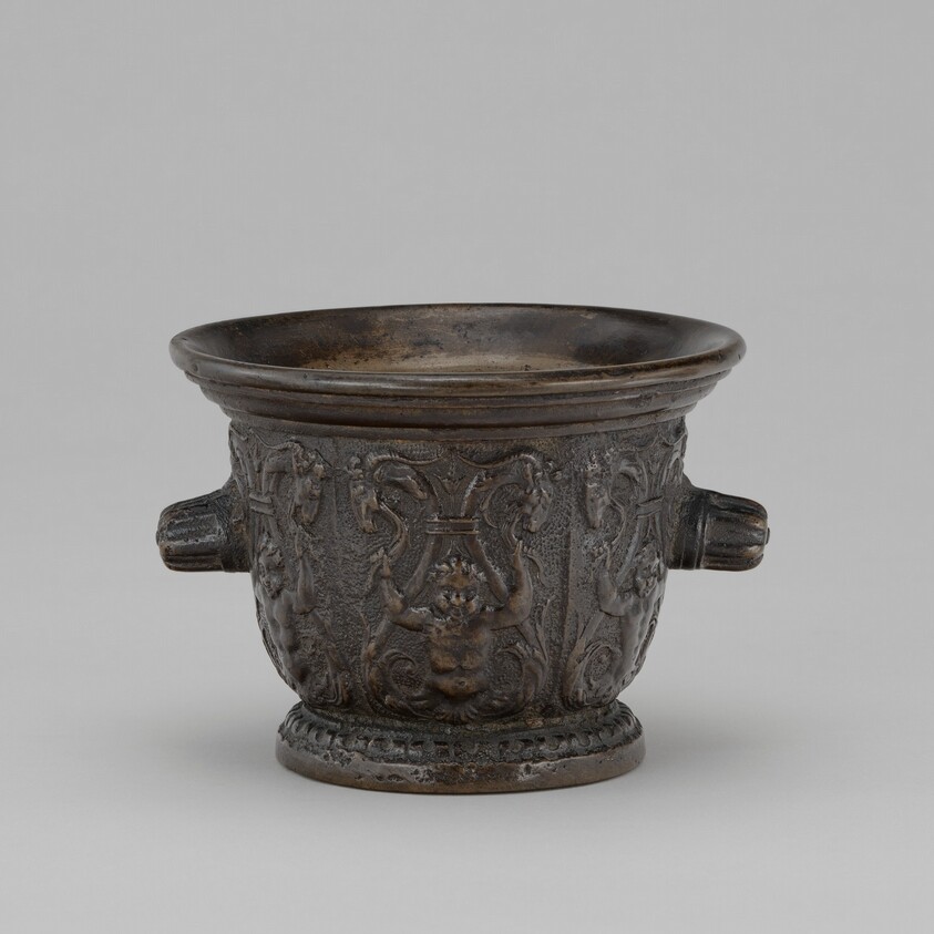 Mortar with Foliate Grotesques, Goats' Heads, and Ribbed Handles