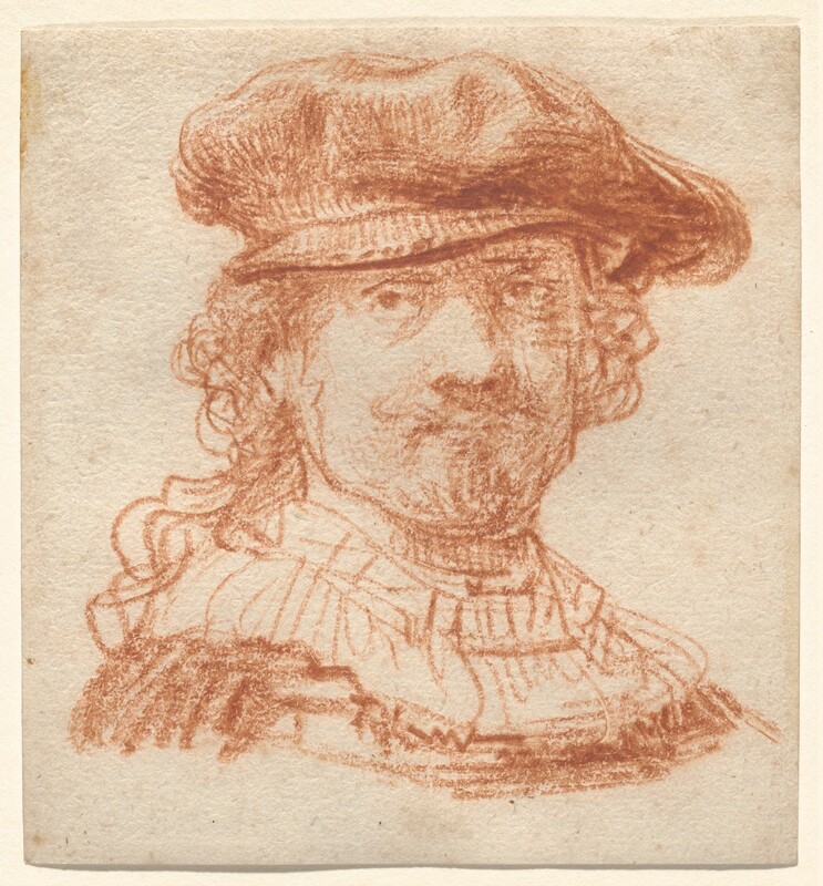 A man with a rounded nose and wide, soft jawline looks out at us in this almost square red-chalk drawing. The man’s shoulders angle to our right, and he turns his face to us, his heavy-lidded eyes shadowed under a floppy beret. His thin lips are closed, and he has a goatee. Curly hair frames his face, and one long lock falls over his right shoulder, to our left. A light-colored collar, perhaps lace, lies across his shoulders over a darker garment.