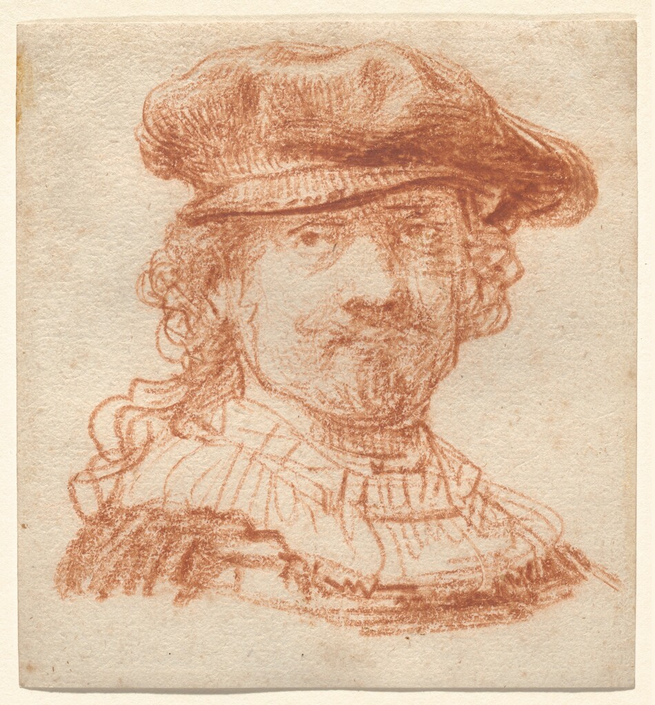 A man with a rounded nose and wide, soft jawline looks out at us in this almost square red-chalk drawing. The man’s shoulders angle to our right, and he turns his face to us, his heavy-lidded eyes shadowed under a floppy beret. His thin lips are closed, and he has a goatee. Curly hair frames his face, and one long lock falls over his right shoulder, to our left. A light-colored collar, perhaps lace, lies across his shoulders over a darker garment.