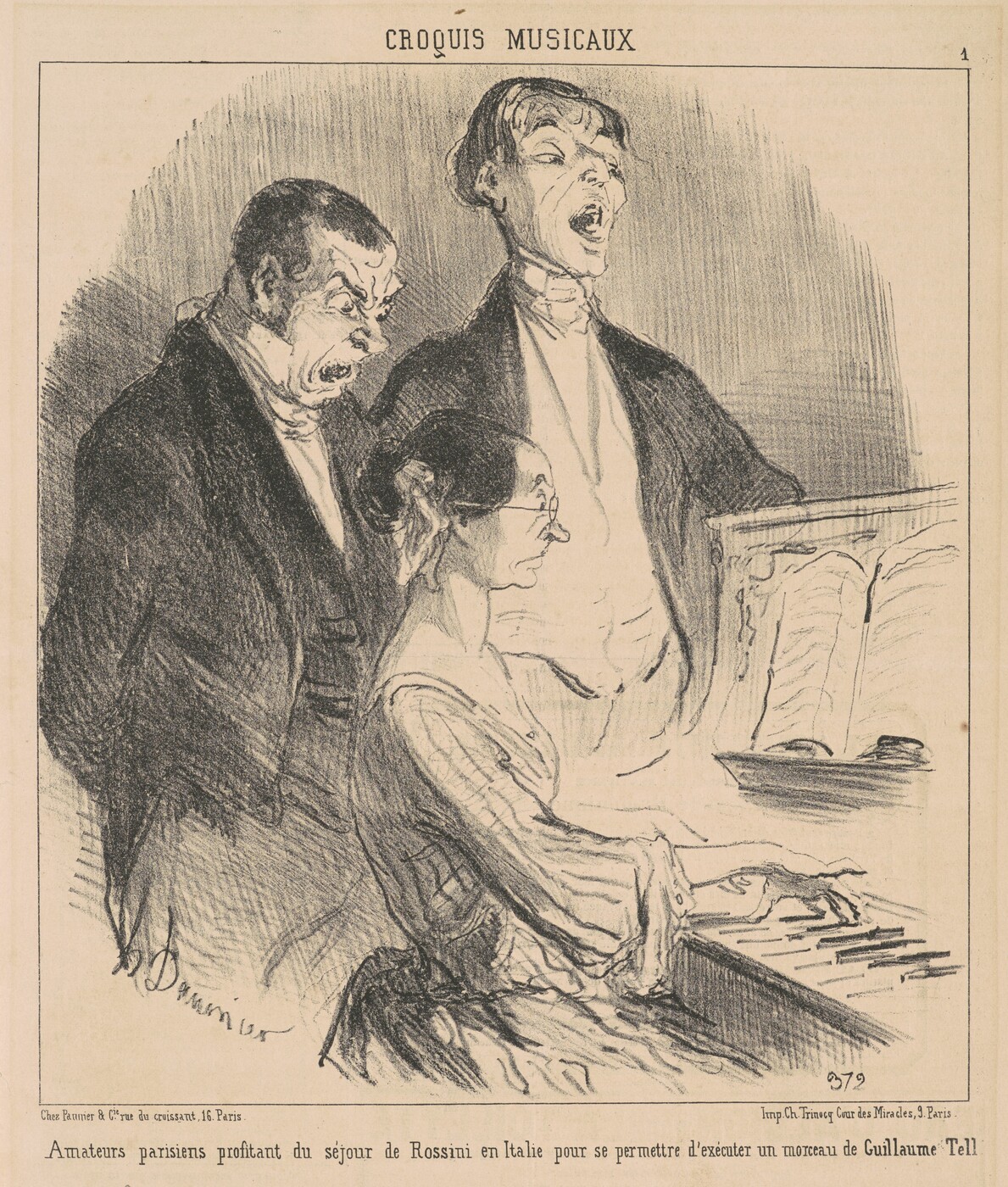 The image features three individuals engaged in musical activity. In the center, a woman sits at a piano with her hands on the keys. To her left is a man looking towards her, and to her right is another man. The individuals are dressed in formal attire and appear to be singing. The background is nondescript, with a music score on the piano.