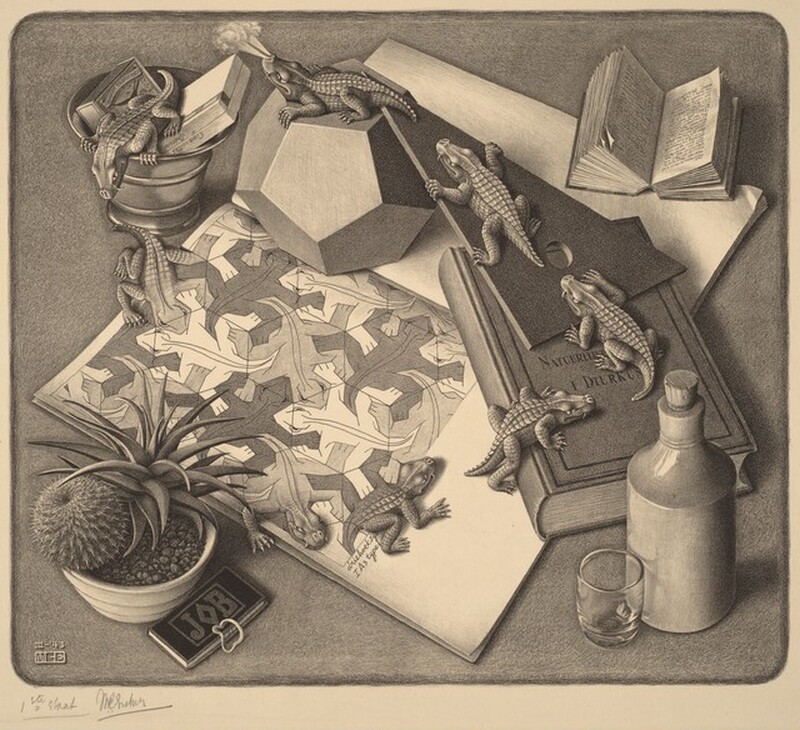 Printed in gray tones on cream-white paper, we look down onto an open sketchbook illustrated with a pattern of stylized, interlocking lizards in this horizontal lithograph. A closed, hardback book, triangular placard, ten-sided dodecahedron, and metal vessel create a circuit around the edge of the drawing. Near the bottom corner of the drawing, one of the tessellated lizards morphs into an actual lizard. Six more crawl in a line along the book, placard, dodecahedron, and a gleaming vessel before the seventh morphs from an actual lizard back into the drawing. The lizard perched on the dodecahedron blows smoke out of its nostrils. Part of the book’s title is legible, “NATUURLIJK…I DIERKUN…”, and writing under the drawing in the sketchbook reads “driehoeksy…IA3 type 1.” The metal vessel holds small boxes, perhaps matchbooks. A much smaller but thick book with tiny printing lies open near the top right corner of the composition. A succulent plant in a round pot and a tag or miniature book titled “JOB,” which also has an elastic along one long side, are in the bottom left corner. A corked, straight-sided flask and short rocks glass are in the bottom right. The artist signed the lower left corner of the plate with his initials in blocky letters, “MCE” beneath text reading, “III-’43.” Also inscribed in pencil under the lower left margin is the text, “1ste staat MCEscher.”