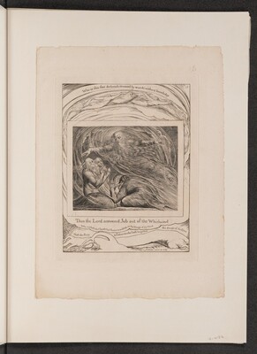 This is a drawing of a biblical scene with a swirling figure surrounded by intricate linework. It depicts a dramatic whirlwind with ethereal figures intertwined with the wind. The central figure emerges from the scene, appearing powerful and commanding. The text above and below the drawing quotes a scriptural narrative: "Then the Lord answered Job out of the Whirlwind." The intricate details and textural contrasts create a vivid portrayal of an epic moment, filled with movement and emotion.