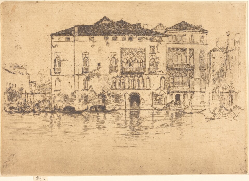 The image shows a row of buildings along a canal resembling a scene from Venice. The perspective is from across the water with several gondolas gliding along. The buildings have arched windows, ornate facades, and balustrades. The artwork is an etching with fine, deliberate lines creating texture. The color scheme is monochromatic with shades of sepia and muted browns. The canal's surface reflects parts of the buildings.