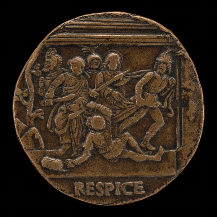 The sculpture is a circular bronze relief medallion depicting multiple figures in a dynamic scene. The figures are dressed in historical attire, with some wearing helmets, robes, and tunics. The relief shows a scene where one figure is on the ground reaching out, while others seem to be in pursuit or confrontation, armed with spears or staffs. The background has minimal detailing. The bottom of the sculpture has the word "RESPICE" inscribed. The material is a bronze-like metal with a weathered, darkened patina. The dimensions and details are scaled to fit the circular form, creating a compact yet detailed narrative.