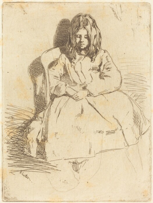 The image is a sketch of a person sitting, captured from head to toe in a seated position. The person is facing slightly to the right, with hands resting in their lap. The facial features are not highly detailed, and the person has long hair falling down their back and shoulders. They are wearing a long-sleeved gown and seated on a chair. The background is blank with faint, minimalistic lines outlining the chair and surroundings. There are no visible objects or jewelry in the drawing.