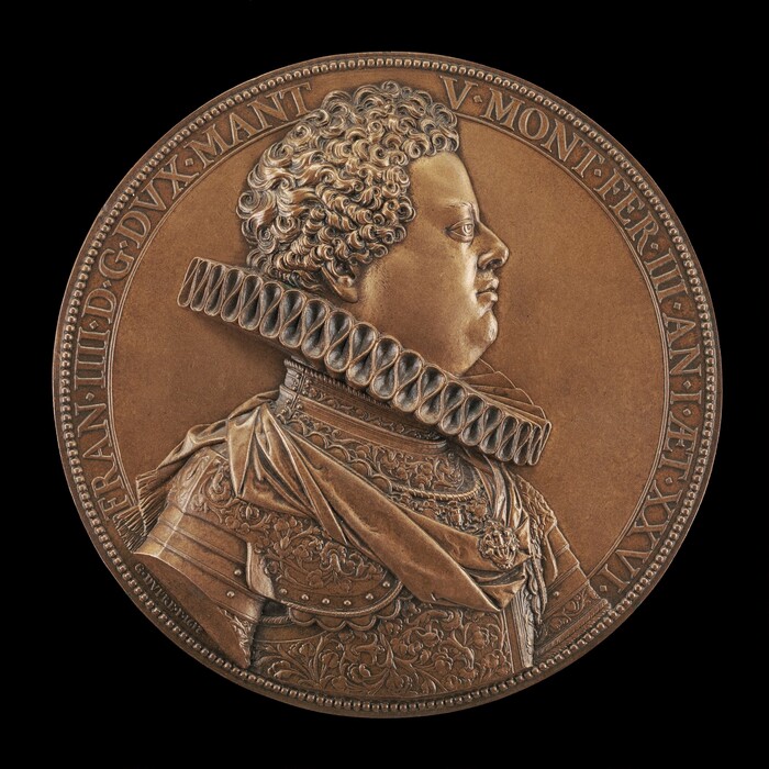 A portly man wearing a wide ruffled collar and armor faces our right in profile in this circular bronze medal. He is cleanshaven and has curly hair. He looks to our right from slightly bulging eyes, and he has a high forehead, a bumped nose, full, rounded cheeks, and a double chin. He wears armor densely decorated with vegetative scrolls, and a cape. His collar is pleated into serpentine, figure-eight folds. An inscription in capital letters runs around the perimeter: “FRAN IIII D G DVX MANT V MONT FER III AN I AET XXVI.” And in smaller letters under the man’s shoulder: “G DVPRE F 1612,” but the “2” is upside down. The medal is shown against a black background in this photograph.
