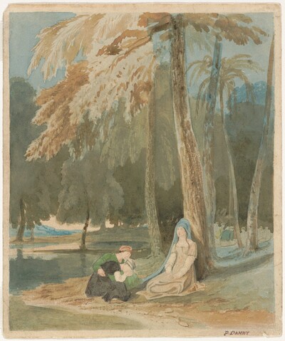 Three Women Seated by a Wooded Lake