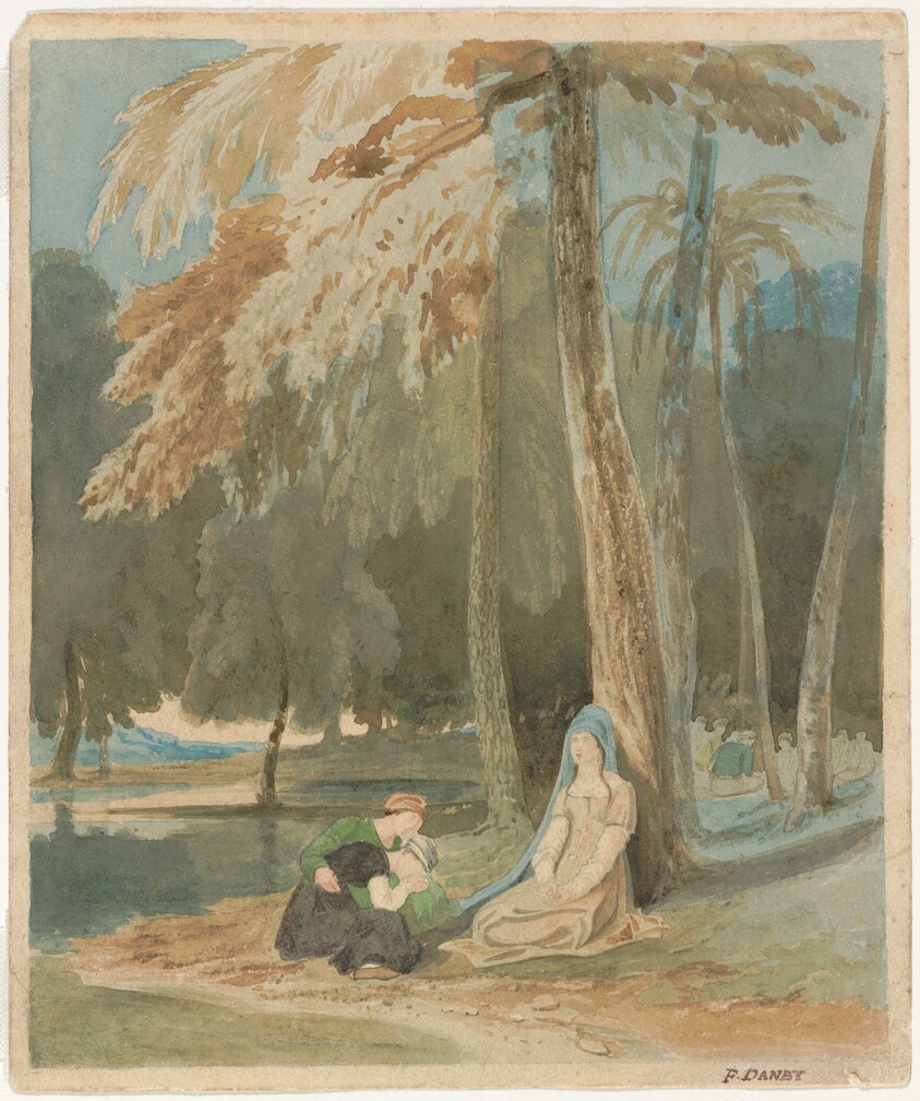Three Women Seated by a Wooded Lake
