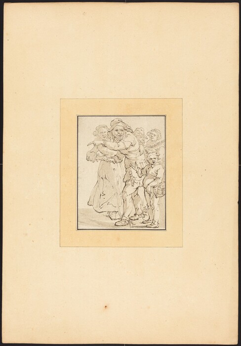The image shows several figures in a group. One central male figure is standing with his arms outstretched. A female figure is near him, slightly behind and to his left. On the far right, there is a smaller figure, likely a child. The central figure has distinctive facial features, is wearing a hat, loose-fitting clothes, and boots. Other figures around him also have visible facial lines, hats, and casual or rustic attire. The figures are on a simple background, enclosed within a border, against a beige matting background.