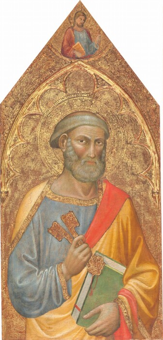 Shown from the hips up, a pale-skinned, bearded man holds two oversized gold skeleton keys and a book in front of a gold background in this vertical painting, which has a triangular top. The person’s body is angled slightly to our right, but he looks off to our left from the corners of his brown eyes. He has a thin nose with a rounded tip, full pink lips, and full gray beard. His gray hair is cut into a ring around his head. He wears a sky-blue robe, and his buttercup-yellow cloak is lined with coral red. Both are edged with gold. He braces the book, which has a moss-green cover and white pages, in one hand and holds the two keys up in the other. The man’s gold halo is punched into the gold background, and gilded molding creates a pointed arch over him. A second person, tiny in scale, is shown from the waist up in the tip of the panel. This man has long light brown hair and a beard. He wears a pale blue robe under a raspberry-red cloak. He holds a dark yellow book in one hand and a staff with the other. He looks down to our right, has a halo, and is in front of a gold background.