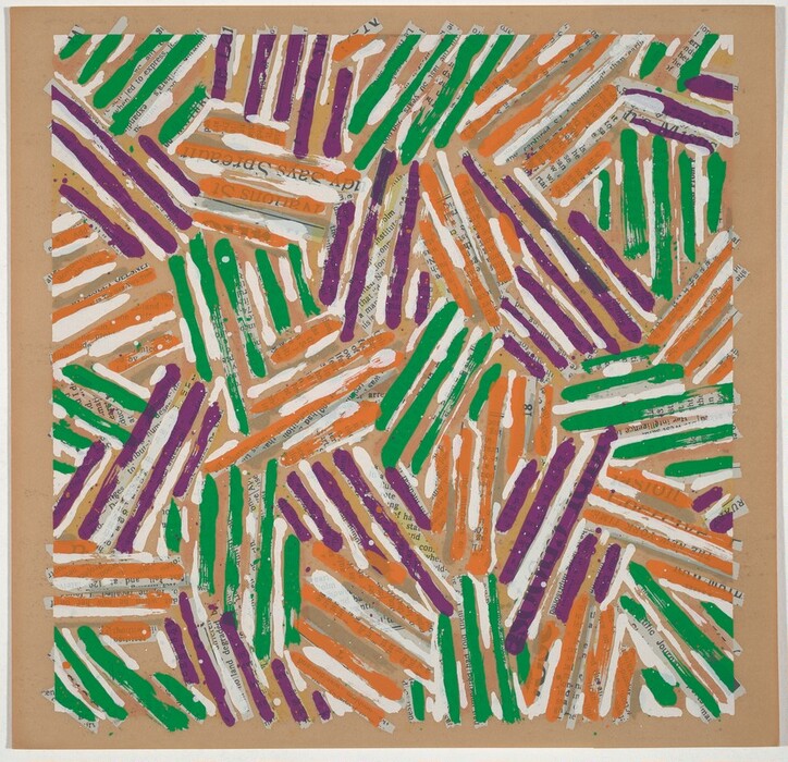 The image contains diagonal stripes in green, orange, and purple against a background including pages or fragments from a book or newspaper. The composition shows a mix of colored bars resembling tangled sticks or pencils. Text is interspersed with the stripes, adding visual interest and complexity to the overall pattern.