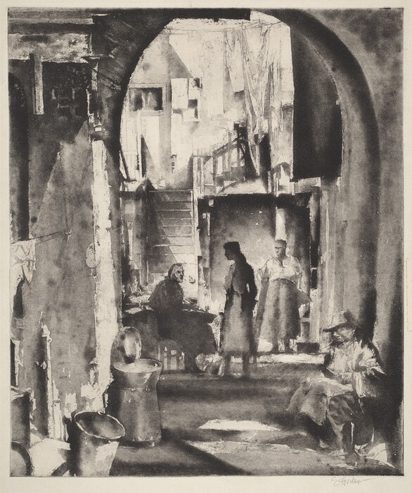 This is a painting of an interior scene with rustic architecture and an archway. The artwork captures a dimly lit interior with a large archway framing the view. Within the space, there are shadows playing across the textured walls and floor, adding depth to the scene. Objects such as a couple of buckets and a chair are scattered about. The light streaming through beyond the archway hints at an exterior bathed in brightness. The overall tone is monochromatic.