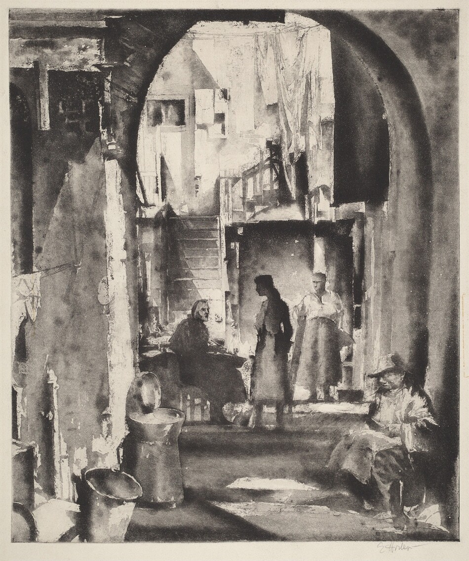 This is a painting of an interior scene with rustic architecture and an archway. The artwork captures a dimly lit interior with a large archway framing the view. Within the space, there are shadows playing across the textured walls and floor, adding depth to the scene. Objects such as a couple of buckets and a chair are scattered about. The light streaming through beyond the archway hints at an exterior bathed in brightness. The overall tone is monochromatic.