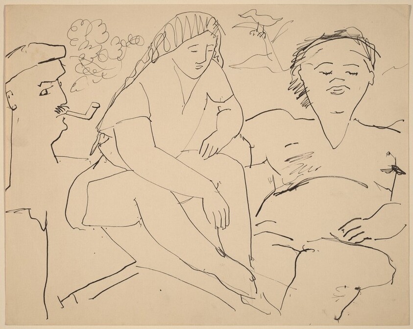 Three Figures, One Smoking a Pipe