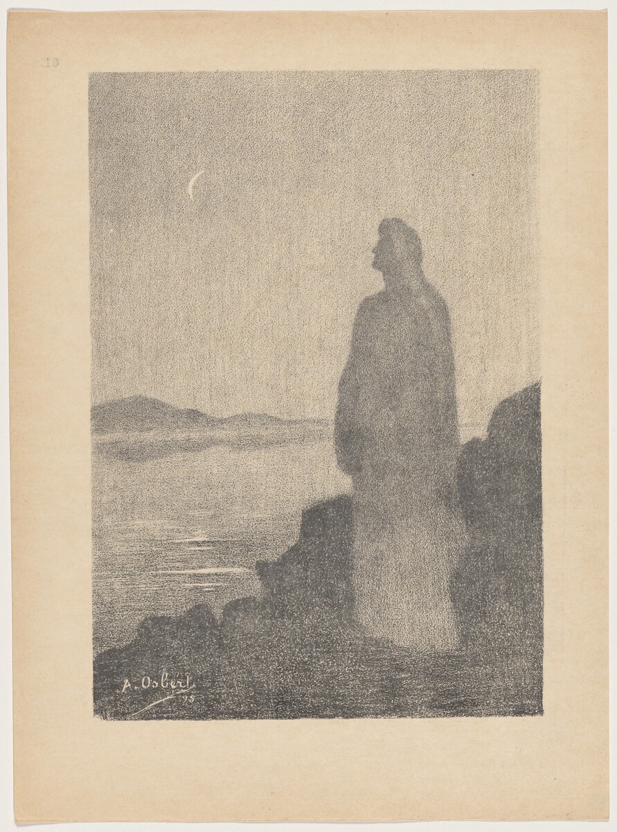 The image shows a side view of a figure standing on a rocky overlook with a crescent moon in the sky. The horizon line is subtly depicted where the land meets the sky. The image has a dreamlike texture created by soft, stippled brushstrokes. The color palette consists of various shades of gray, giving a serene visual effect. The figure dominates the foreground, while the calm landscape in the distance is illuminated by the moon.