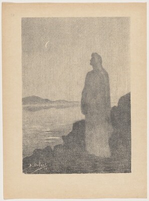 The image shows a side view of a figure standing on a rocky overlook with a crescent moon in the sky. The horizon line is subtly depicted where the land meets the sky. The image has a dreamlike texture created by soft, stippled brushstrokes. The color palette consists of various shades of gray, giving a serene visual effect. The figure dominates the foreground, while the calm landscape in the distance is illuminated by the moon.