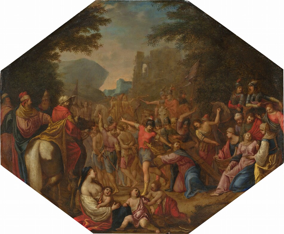 A man, Jesus, carries the crossbeam of a wooden cross over one shoulder and stumbles amid a crowd of dozens of people on foot, sitting, or on horseback in this wide, octagonal painting. All the people appear to have pale skin and wear robes in shades of ivory white, rose pink, ultramarine blue, soft red, or golden yellow. Two men walking away from Jesus have their wrists bound behind their backs. Two men near Jesus lift their arms and look at him, and Jesus looks back over one shoulder. The cross is taller than he is, so the long beam drags behind him. A woman has fainted to the right and is supported by four people. Another bare-breasted woman and three children sit at the bottom center of the composition. Dozens of men walk or urge the crowd along from horseback. Dark trees grow up either side of the painting, and cliff faces and a ruined structure are in the distance between. The low sun shades the clouds along the horizon peach, and the sky deepens to blue above bands of gray clouds.