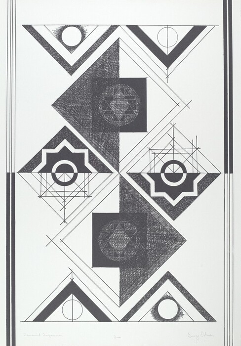 The image features geometric shapes including triangles, circles, squares, and intersecting lines arranged symmetrically along a diagonal axis. It integrates concentric circles and triangles, overlapping squares and intricate line work, all bordered by double lines.