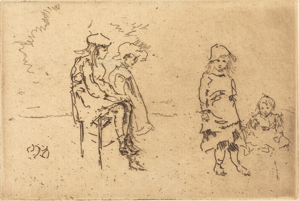 The image features a sketch of four figures. The left side shows two seated figures, while the right side shows one standing figure and one seated figure. The figures on the left are sitting side by side, with one wearing a hat. The standing figure on the right is dressed simply with a hat, and the seated figure next to them is a child. The sketch is done in a sparse style against a blank background.