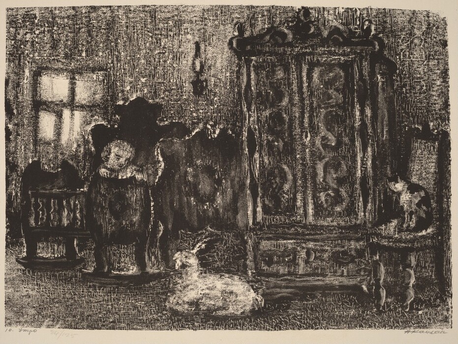 This is a drawing of an interior room with ornate furniture and a cat. The scene depicts a dimly lit room with intricate wooden furniture, including a cradle and an elaborately designed armoire. A cat sits next to the armoire. The walls and floors have a textured appearance, adding depth to the atmosphere, and there's a soft interplay of light from a small window, illuminating the room and casting reflections.