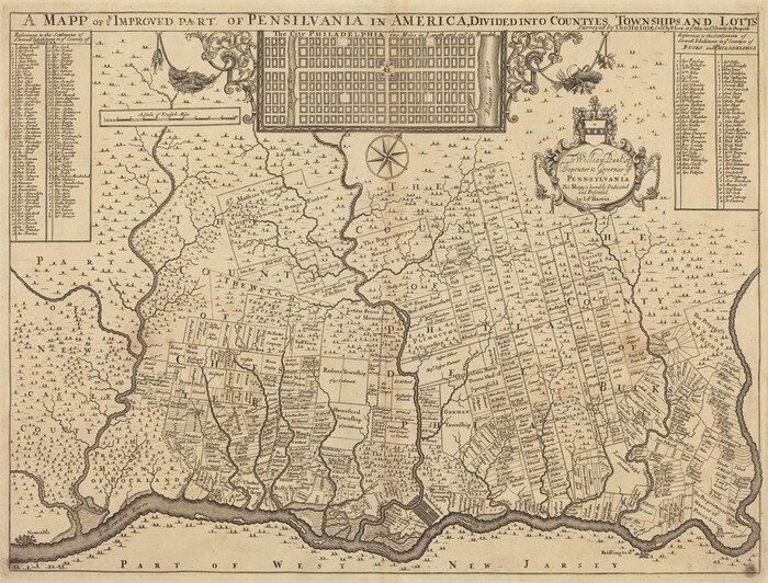 This is a drawing of an antique map illustrating a part of Pennsylvania in early America. The map shows a region divided into counties, townships, and lots, with a layout of the city of Philadelphia in an inset at the top. This historical map features ornate scrollwork, detailed townships, rivers, and coastlines of Pennsylvania and parts of West New Jersey. Labels and annotations throughout the map specify various estates and landowners in a parcel-based colonial layout. The map includes additional tables and a legend detailing settlement names and their corresponding areas. Decorative elements such as a compass rose and a heraldic crest add an elegant touch typical of cartographic works from the period.