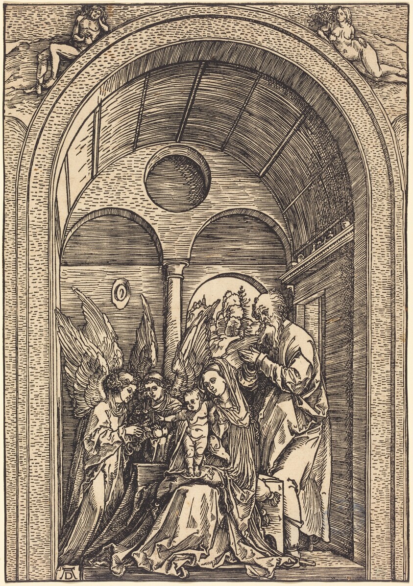 The Holy Family with Two Angels in a Vaulted Hall