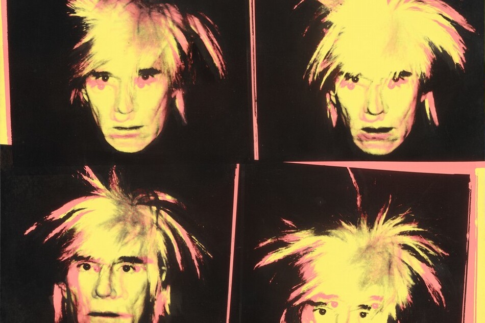 A man’s face printed in hot pink and banana yellow against a black background is repeated four times in this square silkscreen painting. The portraits are arranged in a grid of two by two. The man has a mop of spiky, unruly hair, heavy black brows, and a wide nose. His lips are set in a line over a rounded chin. Each one shows the man with a slightly different expression, some with his chin pulled back and others are straight on, but all look steadily at us with black eyes. The pink and yellow faces overlap but are out of alignment in each portrait. Pink and yellow edges surround each black square.