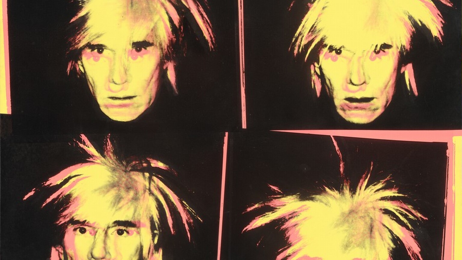 A man’s face printed in hot pink and banana yellow against a black background is repeated four times in this square silkscreen painting. The portraits are arranged in a grid of two by two. The man has a mop of spiky, unruly hair, heavy black brows, and a wide nose. His lips are set in a line over a rounded chin. Each one shows the man with a slightly different expression, some with his chin pulled back and others are straight on, but all look steadily at us with black eyes. The pink and yellow faces overlap but are out of alignment in each portrait. Pink and yellow edges surround each black square.