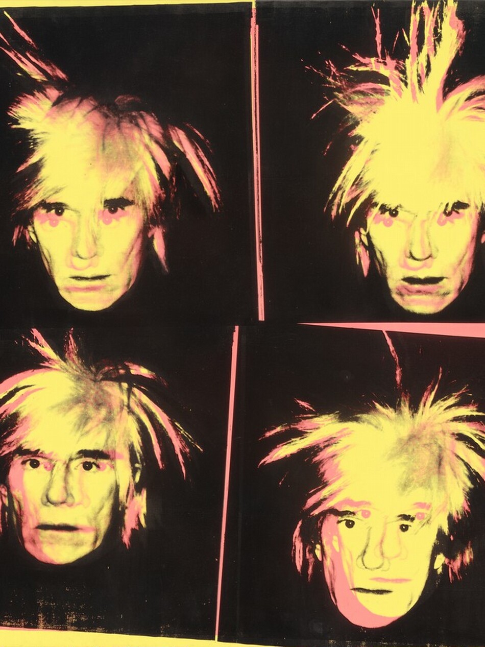 A man’s face printed in hot pink and banana yellow against a black background is repeated four times in this square silkscreen painting. The portraits are arranged in a grid of two by two. The man has a mop of spiky, unruly hair, heavy black brows, and a wide nose. His lips are set in a line over a rounded chin. Each one shows the man with a slightly different expression, some with his chin pulled back and others are straight on, but all look steadily at us with black eyes. The pink and yellow faces overlap but are out of alignment in each portrait. Pink and yellow edges surround each black square.