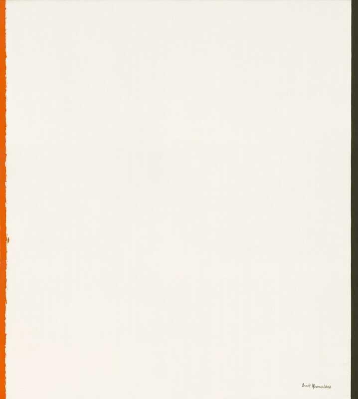 A white, almost square canvas is flanked along the left edge by a narrow line of pumpkin orange and to the right with black. The inner edge of the orange stripe is ragged, as if painted freehand. The inner edge of the black stripe is crisp. The artist signed and dated the painting in black in the lower right corner, “Barnett Newman ‘61+64.”
