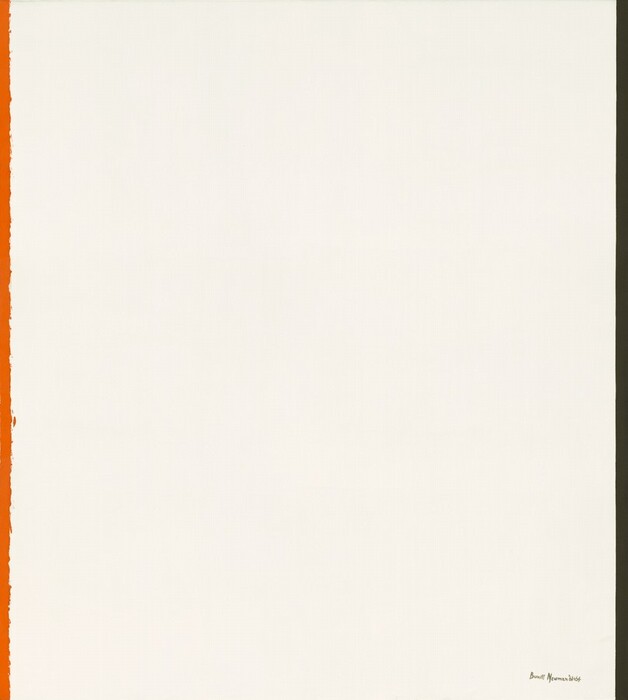 A white, almost square canvas is flanked along the left edge by a narrow line of pumpkin orange and to the right with black. The inner edge of the orange stripe is ragged, as if painted freehand. The inner edge of the black stripe is crisp. The artist signed and dated the painting in black in the lower right corner, “Barnett Newman ‘61+64.”