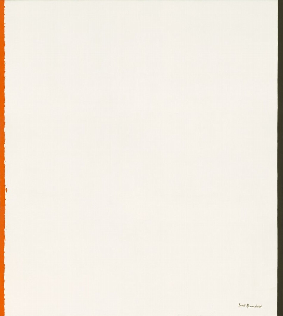 A white, almost square canvas is flanked along the left edge by a narrow line of pumpkin orange and to the right with black. The inner edge of the orange stripe is ragged, as if painted freehand. The inner edge of the black stripe is crisp. The artist signed and dated the painting in black in the lower right corner, “Barnett Newman ‘61+64.”