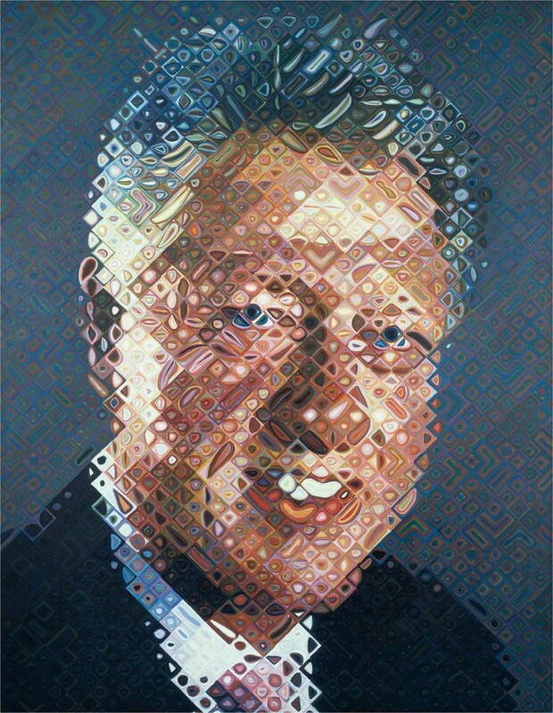 Dots and ovals bubbling across a fine grid form the head and shoulders of a smiling, silver-haired man with peach-colored skin, wearing a navy-blue jacket, a white collared shirt, and a pink tie in this vertical portrait painting. The grid runs diagonally to create mostly diamond-shaped squares, with a few rectangles, each of which is filled with concentric circles or ovals around a dot. The man’s face fills most of the composition, and he looks at us with blue eyes. He has a rounded nose and bright white teeth show between full, rosy lips. His hair is short on the sides and a little longer and brushed back on top. The background is mostly slate blue but also has squares and circles in brick red, mustard yellow, and teal green. The overall effect is of a slightly unfocused, pixelated image because of the grid and nested circles used to create each unit.