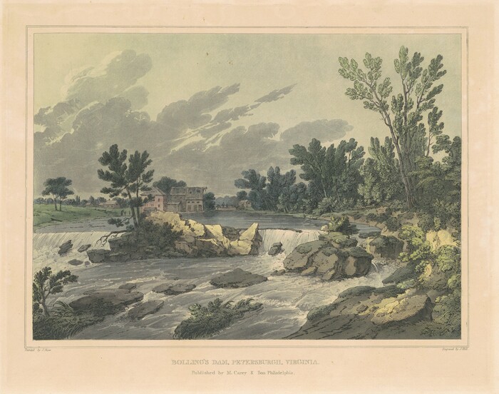 The image shows Bolling's Dam in Petersburg, Virginia. The viewer is positioned slightly above the river, looking across the water cascading over the dam. Close to us, the river flows over rocks with subtle movements. To the right are rocks, vegetation, and trees. The horizon shows buildings, including a central industrial structure. The sky above is filled with clouds in soft strokes, conveying depth and atmosphere. The color palette consists of muted greens, earth tones, and grays.