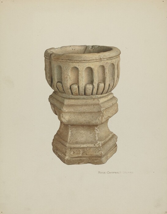 The image shows a stone pedestal with a bowl on top. Both are made from textured, weathered stone in muted earth tones like beige, light brown, and gray. The object is centered against a plain, off-white background, highlighting the stone's details.