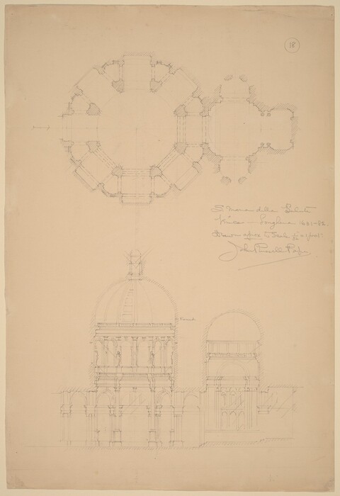 This is a drawing of an architectural plan and elevation of a dome structure. The image displays detailed sketches of a circular dome and its supporting structure, including arches and columns. The drawing includes a plan view at the top showing a circular arrangement of structural components, and an elevation view below it showing the side view of the dome with construction elements like arches and columns. The drawing includes handwritten notes and measurements.