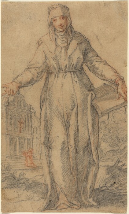 The image shows a person standing with their arms extended outward. The individual is facing the viewer, wearing a hood and a flowing garment that wraps around their body. The person has a serene expression, and there is a hint of an architectural structure in the background. Another smaller figure nearby mirrors the central figure's pose. The drawing has a textured, earthy tone.