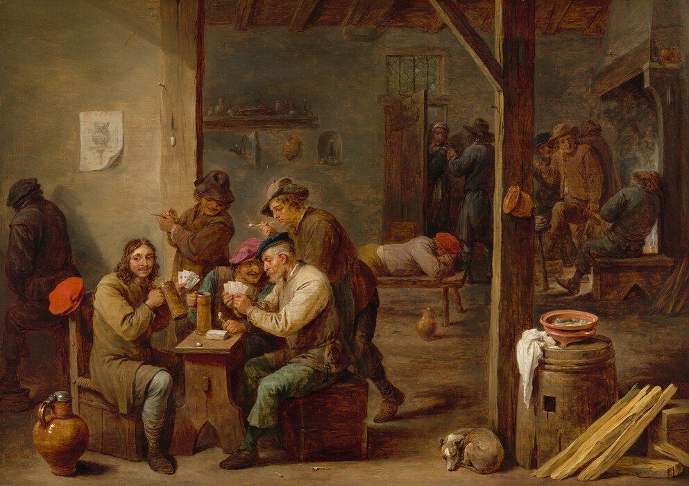 Two men sit playing cards at a narrow table as three more look on and others urinate, sleep, or gather near the entrance of a tavern in this horizontal painting. All the people have pale, peachy skin and wear jackets, pants, and hats in shades of fawn brown, muted marine blue, parchment white, and charcoal gray. The card players take up the bottom left quadrant of the composition. The player to our left holds his cards out so we can see them as he lifts a tall tankard. He sits on a wooden chair with a vivid red cap hanging from one rail on the back. The player across from him sits on a wooden box and has an iron key hanging from the hip we see. He shows his cards to a third man, directly across from us, who sits and leans forward nearly nose-to-nose, smiling broadly with lips parted. That third man wears an orchid-purple hat and earthy brown and blue clothing. He holds a long-stemmed white clay pipe in one hand and the handle of another tall tankard with the other. Two men, both with clay pipes, stand on the far side of the table to watch the action, and another stands facing away from us near the wall to the left, presumably urinating into a pot there. A knee-high jug with a pewter cap sits near the first player and a piece of chalk and a picture of an owl flanked by spectacles and a candle hang on the light brown wall overhead. This room opens onto a larger room beyond, where one man lies belly down on a bench with his face buried in his crossed arms. Another man sits on a bench to the right, and four men gather near the door on the far wall. A woman stands in the partially open door and looks at one of the men. Dishes and vessels line a high shelf to the left of the door, and a fire burns in a high-mantled fireplace to our right. In the lower right corner and again close to us, a barrel, clay dish, white cloth, chopped firewood, and a sleeping dog are near a wooden beam that parallels the edge of the painting. The artist signed the lower right corner, “D. TENIERS FEC,” and, on the picture of the owl are the letters “AA” and the date, 1658.